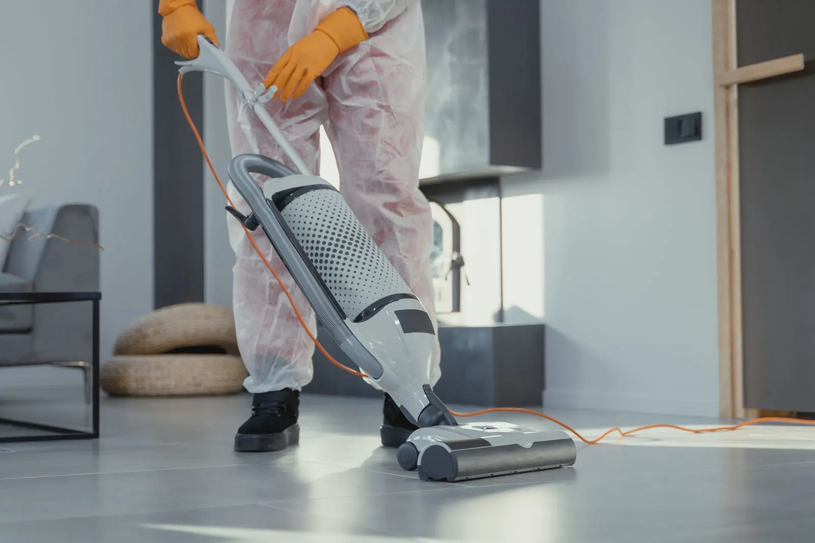 Profissional de limpeza, de fato de proteção e luvas, a aspirar o pavimento de uma sala.
